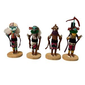 Set of 4 Miniature Kachina Dolls Sun Face Morning Singer Mudhead Chasing Star